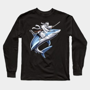 Cat Samurai Ninja Riding Shark Long Sleeve T-Shirt